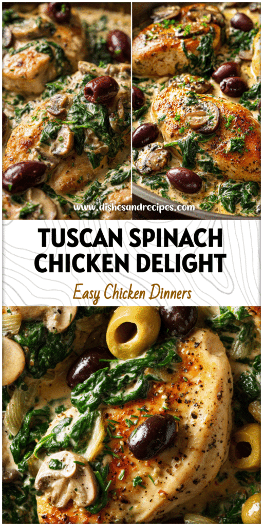 Golden chicken breasts in a creamy spinach and mushroom Tuscan sauce garnished with olives